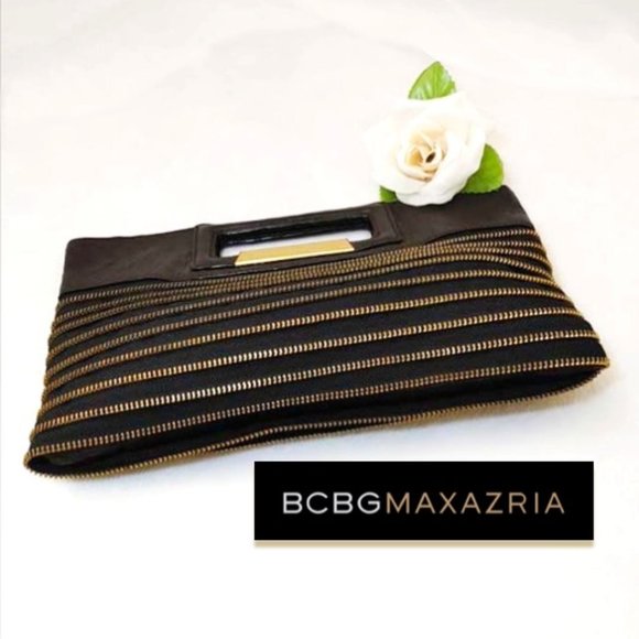 BCBGMaxAzria Brown Black Clutch Genuine Leather Trim Elegant Gold Zipper Design - Picture 5 of 11